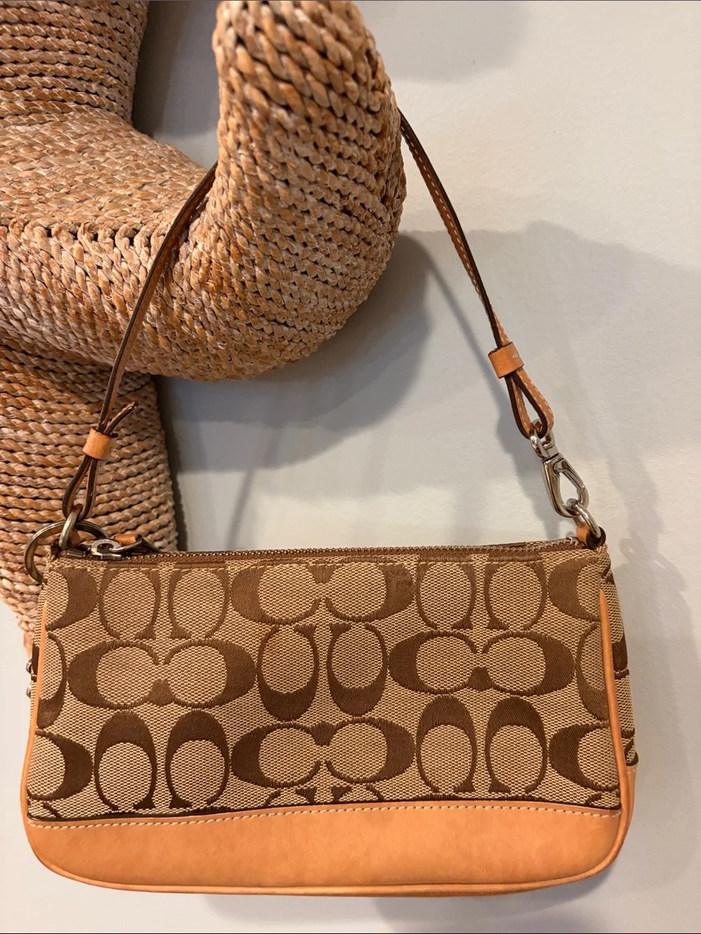 Coach Brown Tan Signature Canvas Shoulder Bag with Leather Trim #6094
